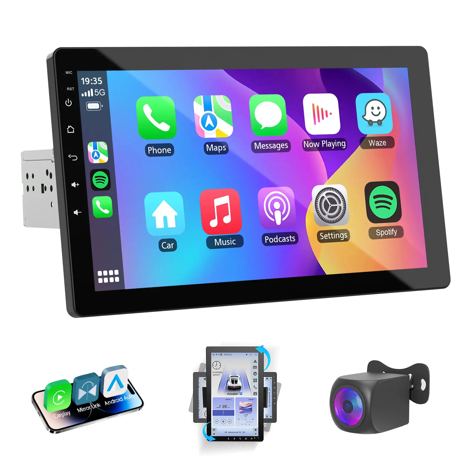10.1" Rotatable Carplay Touchscreen Single Din Car Stereo - Android 13, Wireless CarPlay/Android Auto, 4-Core CPU, 2GB+32GB, GPS Navigation, Hi-Fi Sound, Bluetooth 4.2, AHD Backup Camera, Vertical Fit, RCA Output, Father's Day Gift, Car Accessory, 1080P