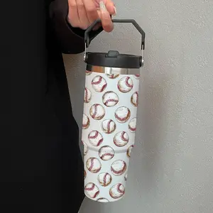 30oz Handheld Insulated Cup, Simple Baseball Pattern Water Bottle with Straw, Large Capacity, Stainless Steel, Insulated Tumbler, Insulated Travel Drinkware, Ideal for Sports Outdoor Home Travel Gift