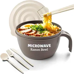 Large Ramen Bowl Set, Ramen Noodle Bowls Microwavable 45 oz, Ramen Cooker, Microwave Pasta Cooker, Ramen Bowl Microwave  for College Boys Girls Male Female Dorm Room (brown)