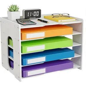 5-Tier Desktop File Organizer White Paper Sorter Document Holder for Office Desk Home School Wood Composite Material