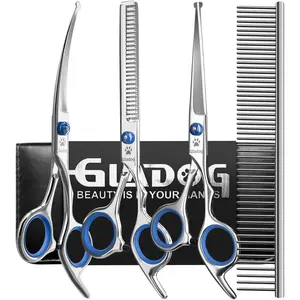 5 in 1 Stainless Steel Professional Pet Grooming Scissors Set - Ambidextrous Design with Round Safety Tips, Thinning Shears, and Curved Scissors for All Breeds, Grooming Supplies, Grooming Tools