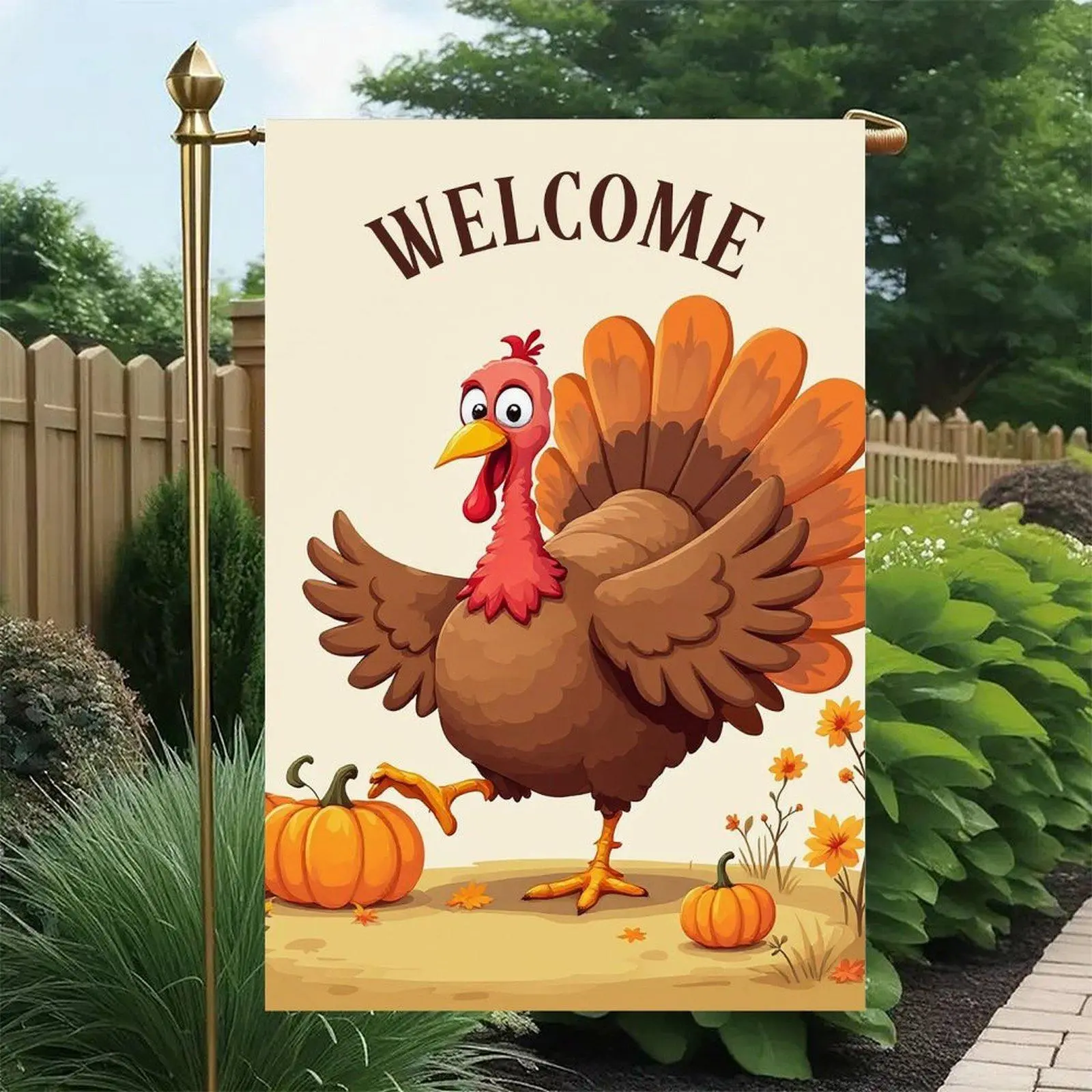 Thanksgiving Cartoon Turkey Garden Flag sd20505003 - 12x18in Double-Sided Waterproof Linen, Heat Transfer Print, Autumn Pumpkin Wildflower Outdoor Decor Patio Banner