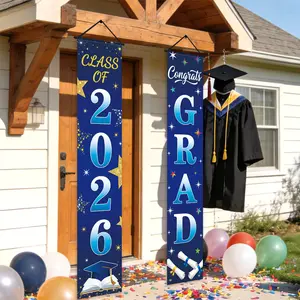 2026 Graduation Party Banner, Blue Background, Stars, Cap, Diploma, Book Design, Polyester, Graduation Party Decorations, Indoor Outdoor Decor, Room, Garden Wall Decoration