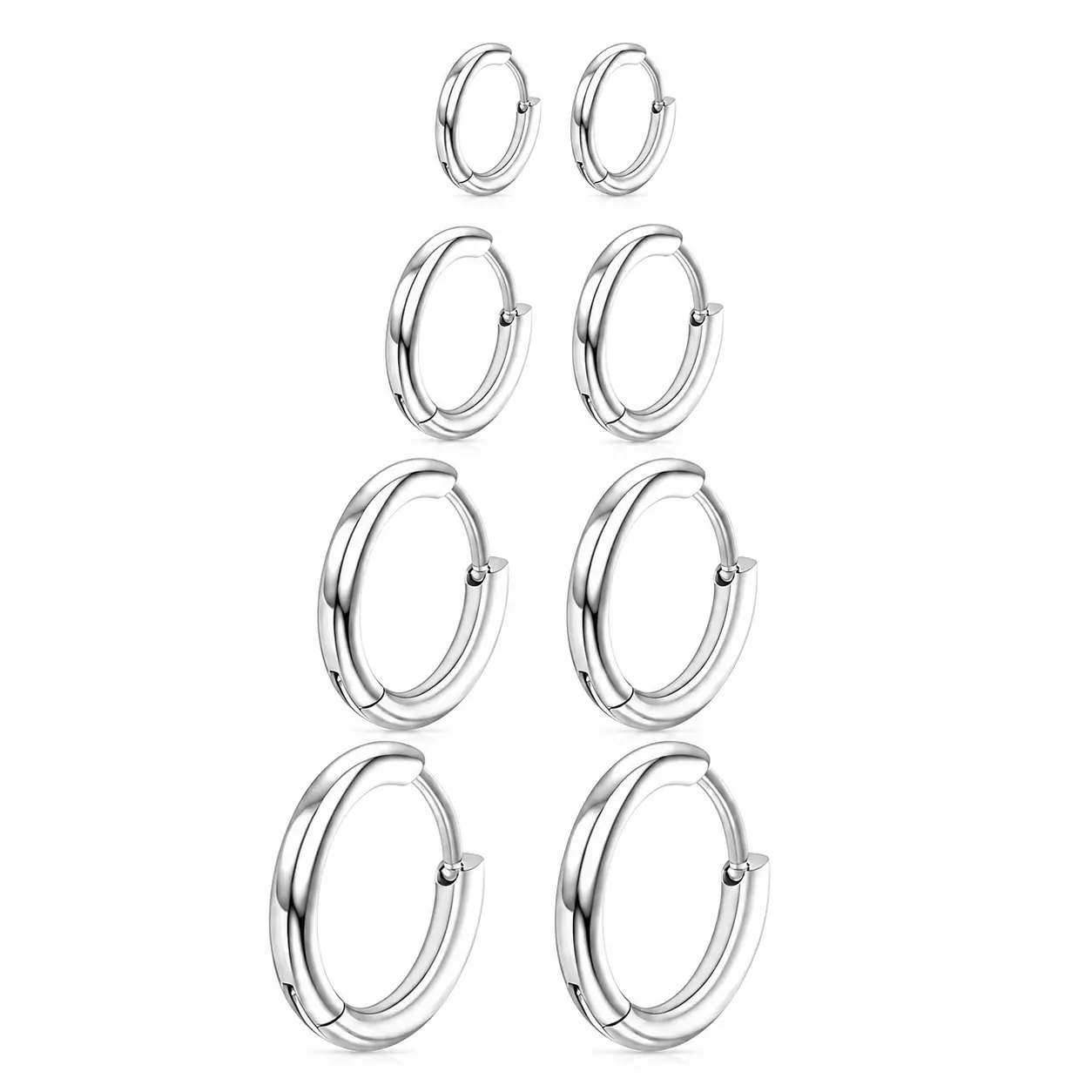 4 Pairs 316L Surgical Steel Hoop Earrings for Men Women Silver Hypoallergenic Cartilage Piercing Hoops 8mm 10mm 12mm 14mm, Hypoallergenic Earrings