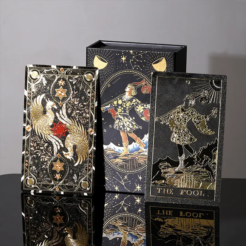 Premium Black Gold Phoenix Foil Rider-Waite Tarot 3-Piece Set for Beginners, Waterproof Bend-Resistant Tarot Deck with Luxury Gift Box & Full Guidebook
