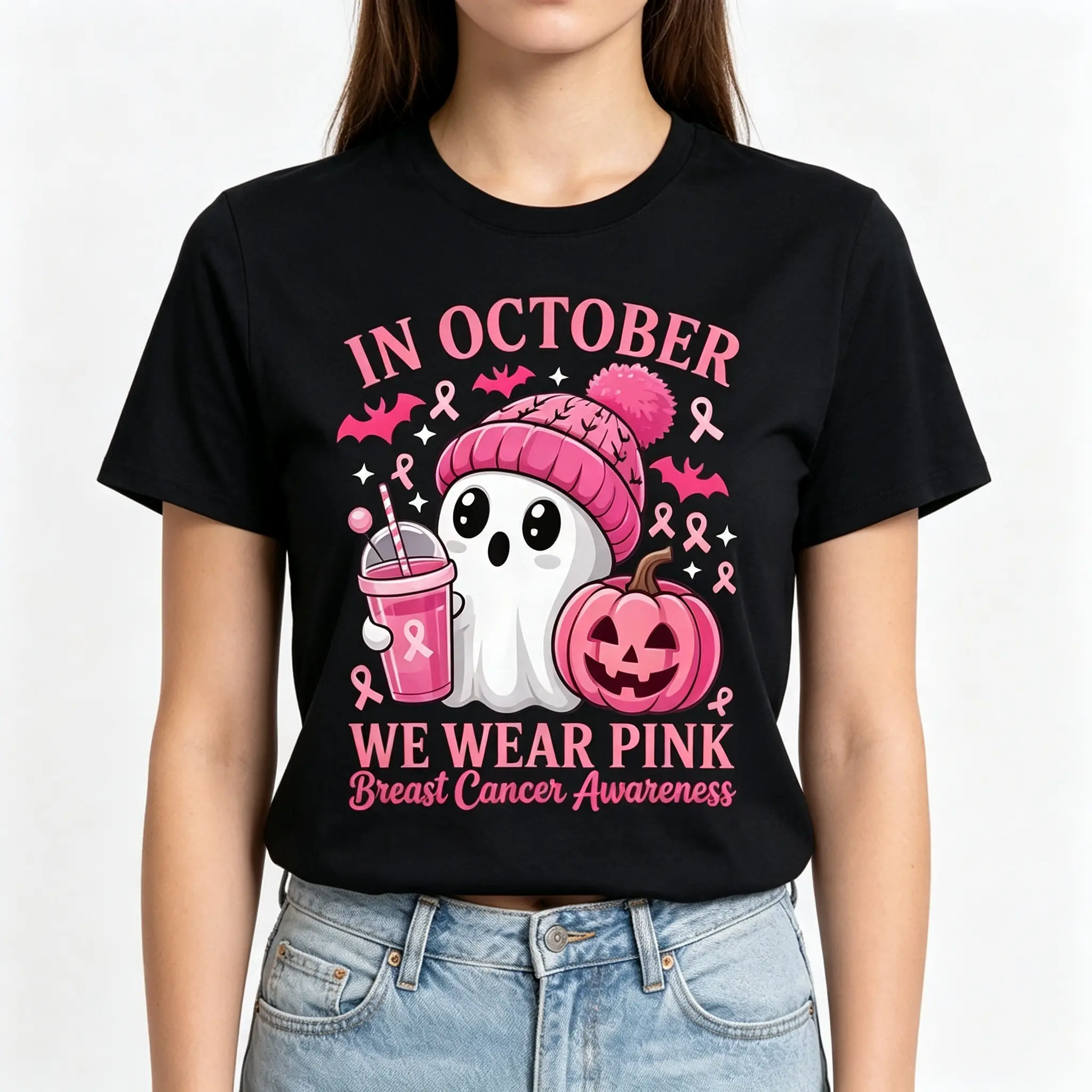 Women's In October We Wear Pink T-Shirt, Breast Cancer Awareness Cute Ghost Pink Pumpkin Soft Cotton Crew Neck Tee, Casual Short Sleeve Top, Halloween Awareness Gift