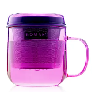 Hand Crafted Tea/Coffee Glass Mug with Stainless Steel Infuser and Lid, Double-Layer Strainer, for Loose Tea or Coffee Powder - Heatable,Large (420ml / 14oz) (Single Walled Glass,  Purple/Black) Cup Drinkware