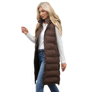 Women's Long Puffer Vest with Quilted Hood and Button Down Closure for Winter Coat  - Tops, Womenswear