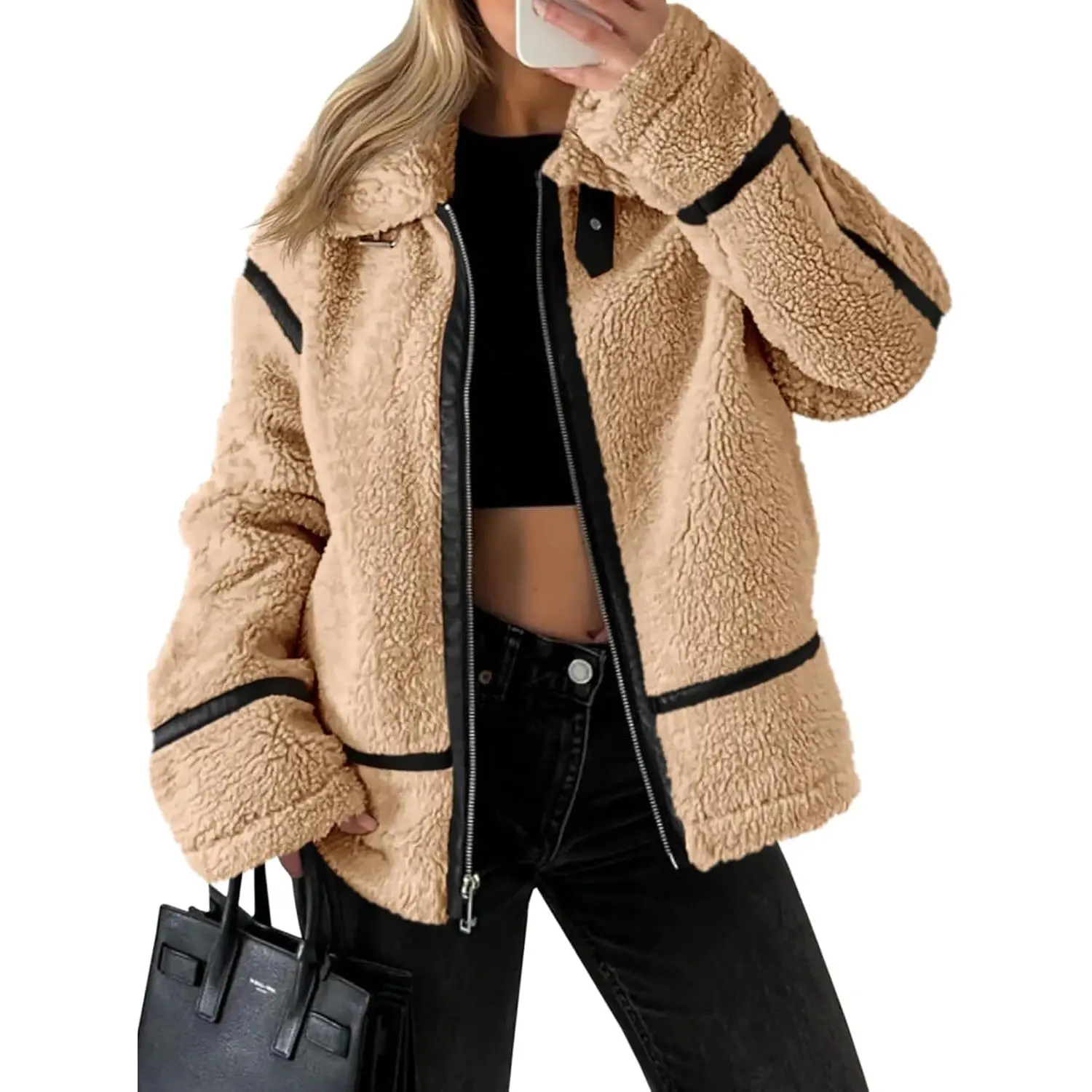 Goranbon Women's Faux Fur Cropped Jacket - Winter Trendy Sherpa Moto Leather Patchwork Zip-Up Coat, Comfortable Fuzzy Clothes for Women's Tops, Fleece