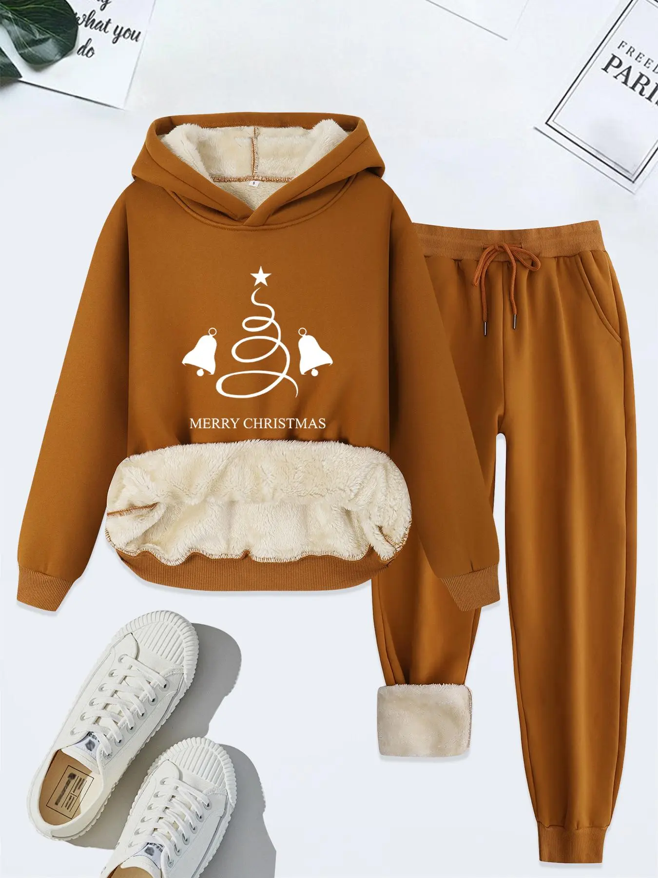 Women's Christmas Tree Print Thermal Lined Hoodie & Drawstring Waist Pants Two-piece Set, Casual Long Sleeve Hooded Pullover & Pocket Trousers for Daily Wear, Ladies Fall & Winter Clothes
