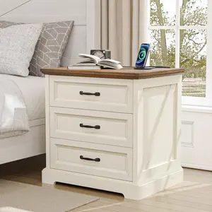 HOMMPA 24'' Farmhouse Nightstand with Charging Station, Bedside Tables with Storage, Side Table with USB Port, 3 Drawers End Table Dresser, Wood Night Stand for Bedroom, Living Room, Rustic White