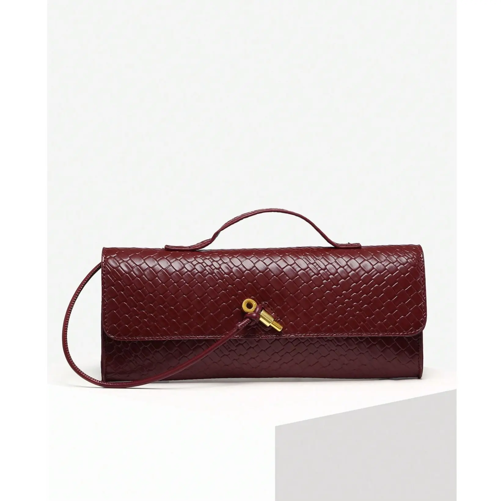 DealsForYouDays Women's Vintage Minimalist Faux Woven Texture Angola Red Retro Flap Lock Large Capacity Clutch Bag, Trendy Minimalist Purse