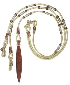 Braided Natural Rawhide Romal Reins with floral tooled design on Leather Popper