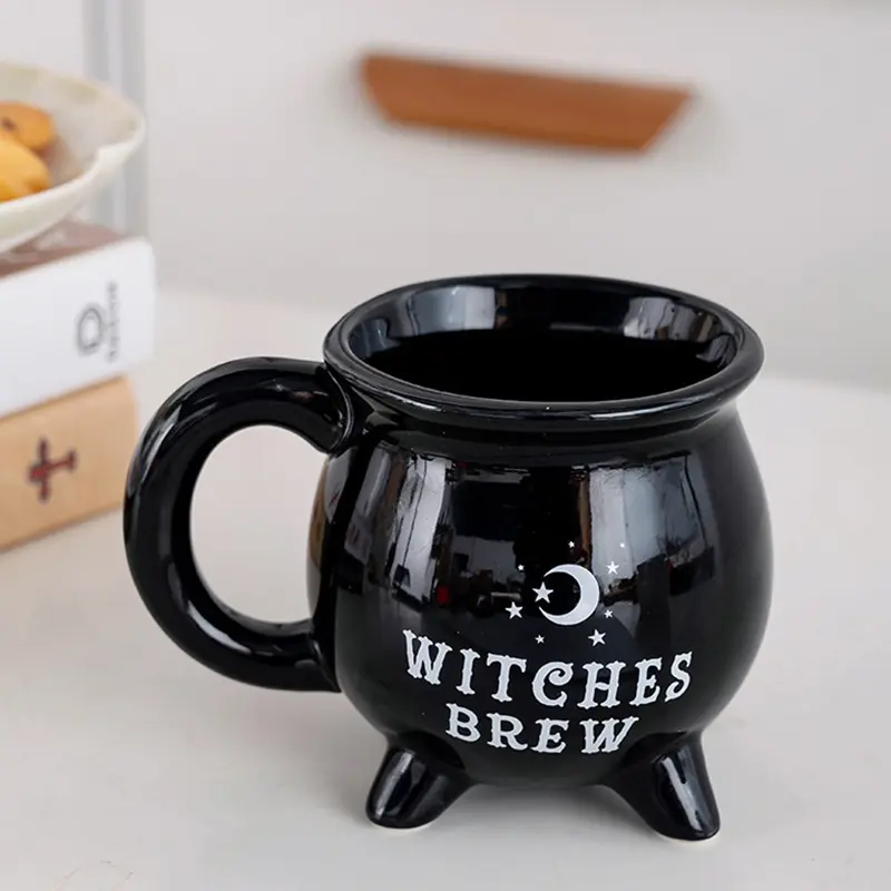 Witch Ceramic Coffee Cup Mug 400ML, Large Cast Iron Pot Design, Suitable for Coffee & Tea, Reusable Drinkware, Ceramic Beverage Cup, Perfect for Halloween Parties, Stylish Drinkware, Witchy Teacup