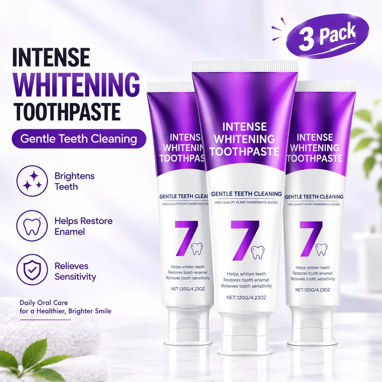 Adult Advanced Whitening Toothpaste 3-Pack (7 Probiotics, 120g/4.23oz Creamy Texture) - Daily Paste Toothpastes for Dental Whitening, Stain Removal, Gentle Oral Care & Fresh Breath (White Teeth Whitening Variant)