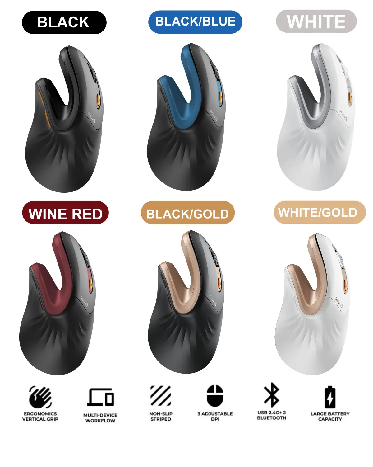 ProtoArc Ergonomic Bluetooth Vertical Mouse - EM11 NL Rechargeable Silent Optical Wireless Mouse, Office Accessories, Desk Accessory, Cool Gadgets, Unique Gifts for Man, 3 Multi-Device Connectivity, 1000/1600/2400 DPI Precision, 500mAh Battery