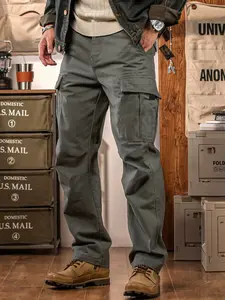 Men's Vintage Workwear Cargo Pants, Loose-Fit Straight Leg, Multi-Pocket, Waterproof Casual Trousers, Outdoor Daily Commute Wear