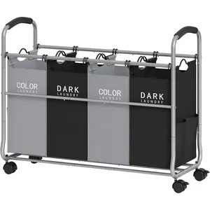 Laundry Sorter 4 Sections, Laundry Separator Hamper with Heavy Duty Lockable Rolling Wheels, Laundry Divider with Removable Bags for Dirty Clothes Storage, Black & Grey