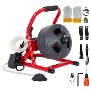 50Ft x 5/16 Inch Drain Cleaner Machine, Electric Drain Auger Cleaner, Sewer Snake Auger Auto Feed with 6 Cutter & Air-activated Foot Switch for 3/4" to 3" Pipes，Includes Gloves