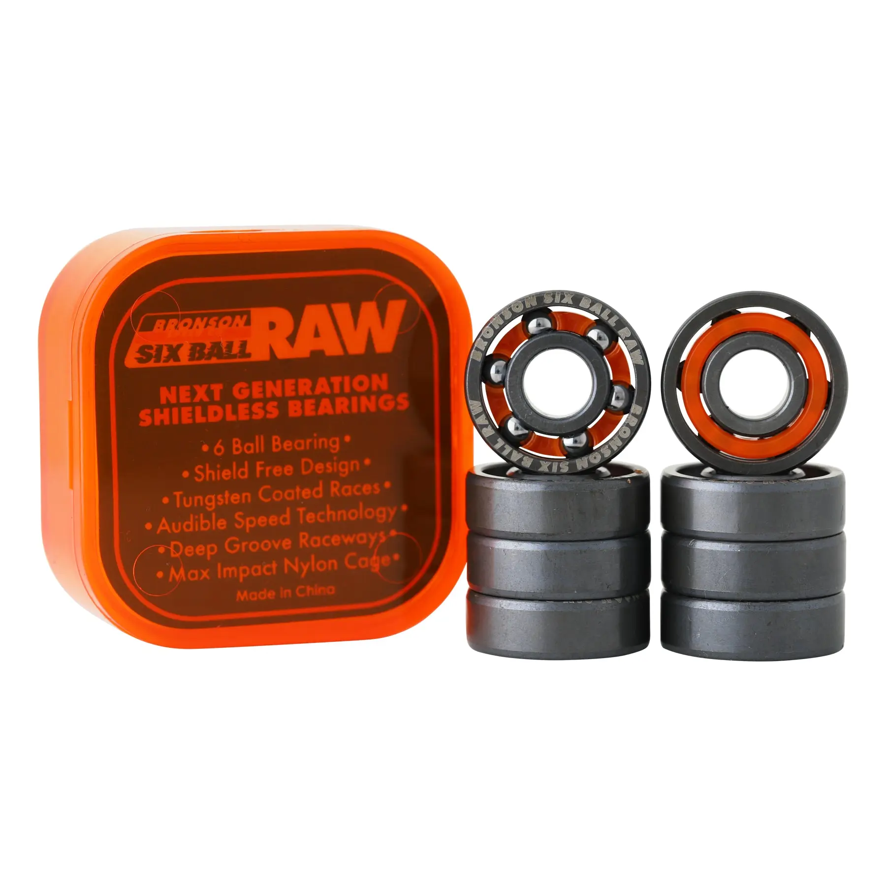 Raw 6-Ball Skateboard Bearings, Shield-Free Design with Tungsten Coated Races for Low Friction & High-Speed Performance, Audible Speed Technology, Six Ball Type