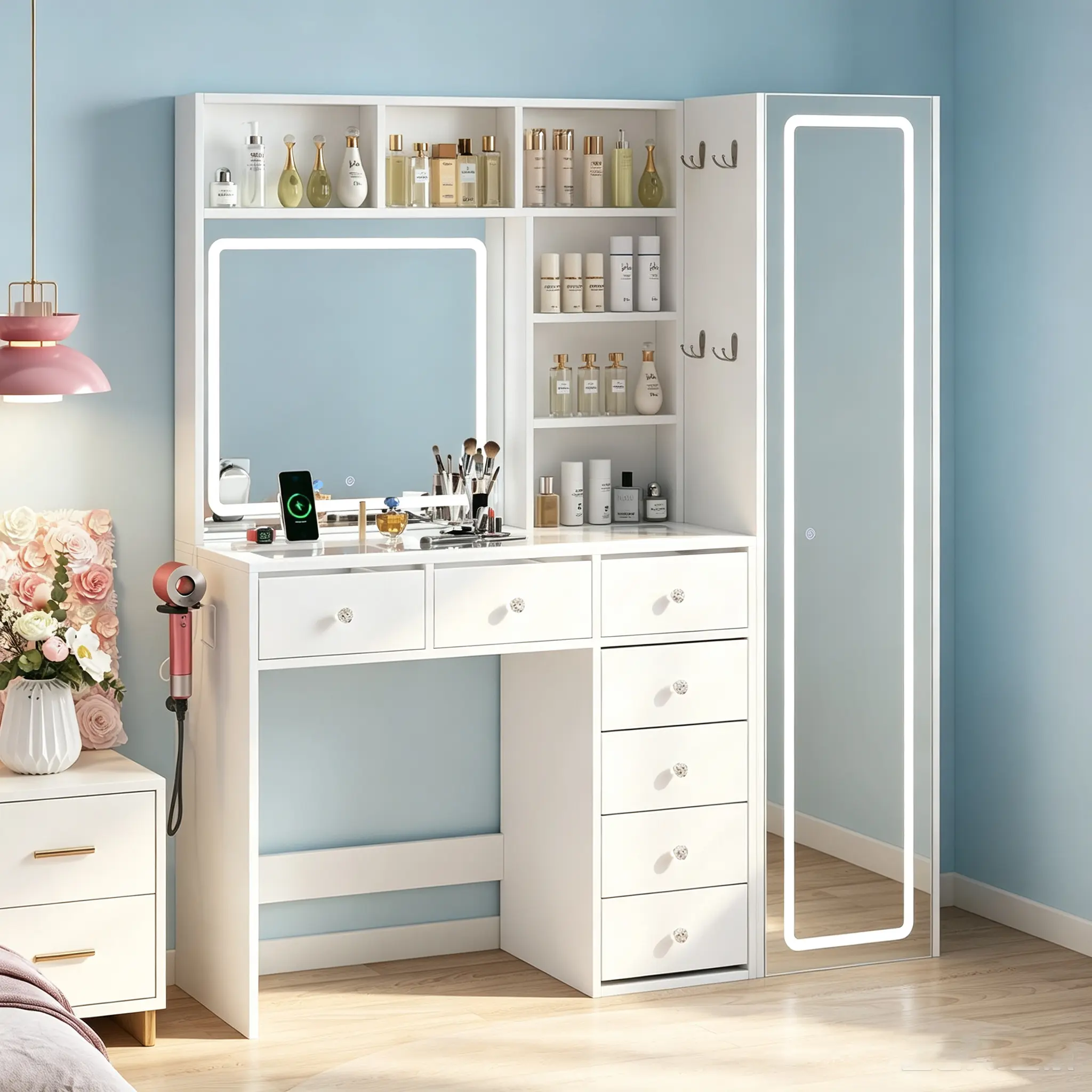 CollaredEagle Sturdy White Vanity Makeup Dresser Desk with Full-Length Mirror, RGB Drawers, Transparent Top, Charging Shelf, Vanity Organization Storage, Assembly Required, Bedroom Indoor Furniture