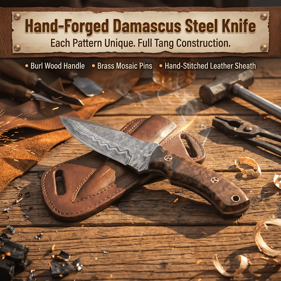 High-End Damascus Steel Hunting Fixed Knife with Leather Scabbard, Suitable for Forest Survival And Camping, Ergonomic Handle, Men'S Knives, Father'S Day Gift