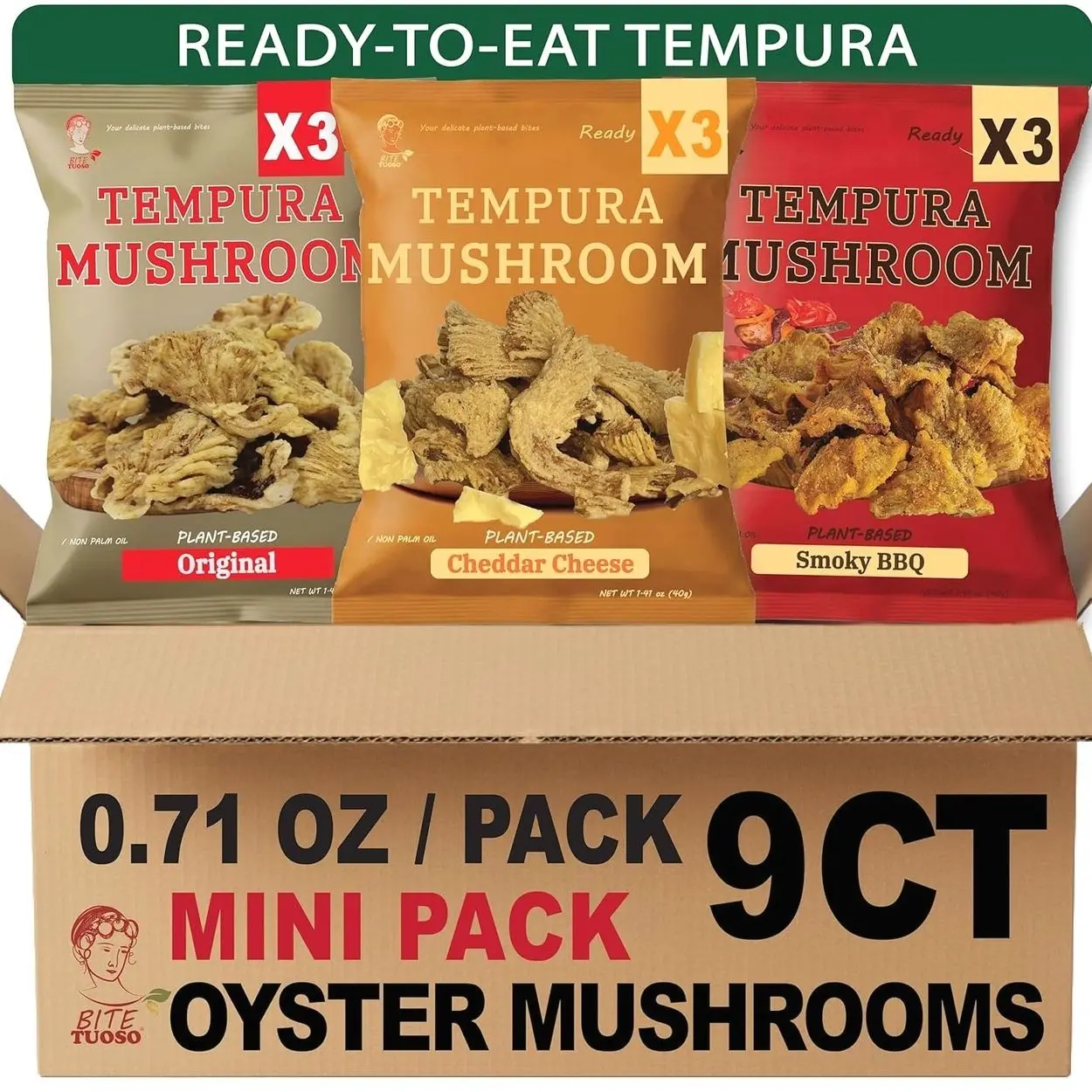 BITETUOSO Tempura Oyster Mushrooms Mini Variety Pack, Tempura-Style Mushroom Snack, Ready-to-Eat Crispy Chips, Vegan Plant-Based, Original BBQ Plant-Based Cheddar (0.71 oz, 9-Pack)