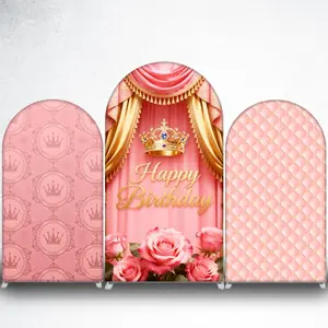 Pink and Gold Crown Happy Birthday Arch Backdrop Cover for Princess Party