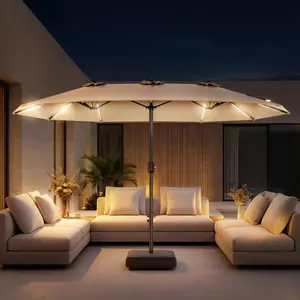 [15ft Extra Large] Double-Sided Patio Umbrella with Crank & LED Lights - Large Steel Frame, UV Protection, Metal Base Included, Modern Decorative Lighting,  For Patio Garden Pool Lawn Backyard