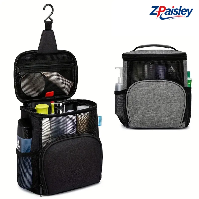 1Pc Hanging Toiletry Bag with Hook & Sturdy Handle, Large Mesh Shower Caddy with Multi Compartments & Side Pockets, Waterproof Quick Dry Zippered Bath Organizer, Collapsible Storage Tote for College Dorm Gym Camping Bathroom Travel