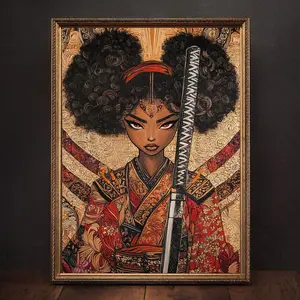 Unframed, Room Decor, Afro Samurai Wall Art Print, Dorm Room Art, Fantasy, Black Girl Art, Modern Black Culture Art, Geisha, Nerdy, Artful Black Anime Art  – 5 Size, 8x12 to 27x40 inch