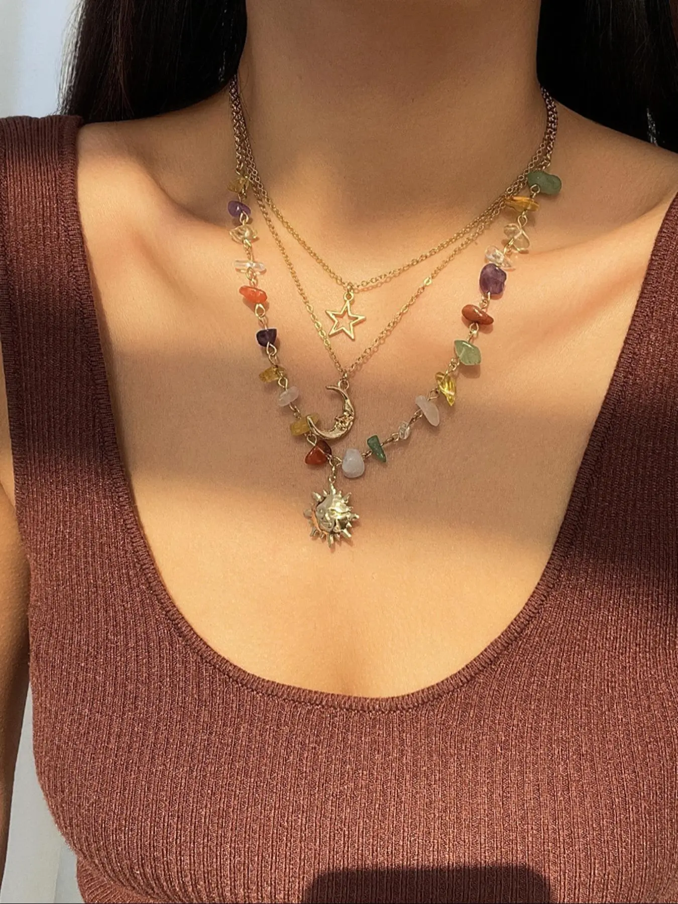 Women's Artificial Crystal & Star & Triple Moon Pendant Necklace, Decorative Necklace, Jewelry for Party, Jewelry for Gift, Statement Necklace, Stackable Necklace