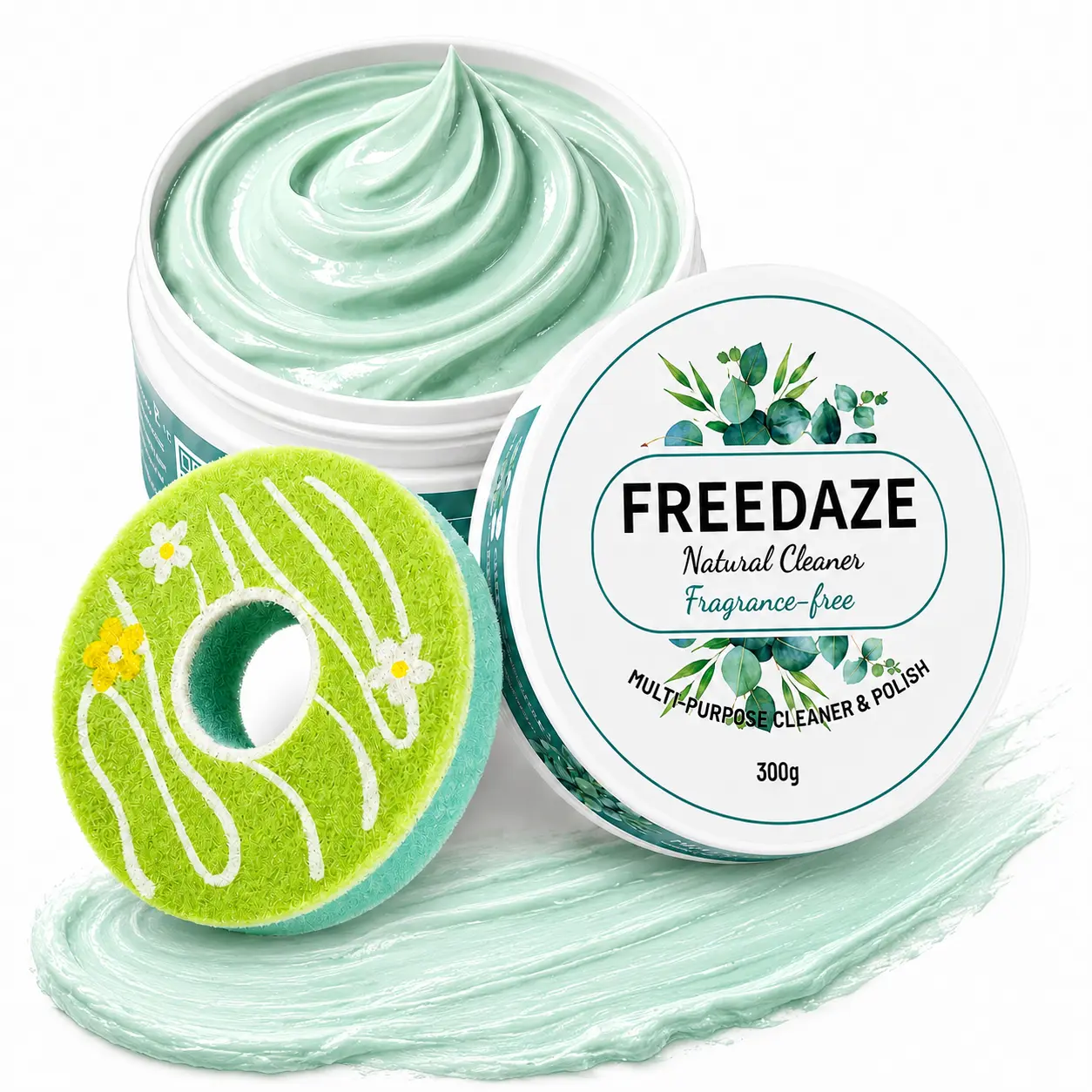 FREEDAZE Natural All Purpose Green Cleaning Paste - Shell Powder & Coconut Oil Household Cleaning Products, 300g (10.58 oz) Multifunctional Cleaner with Donut Sponge for Stainless & Washable Surfaces, Surface Cleaner