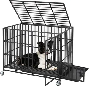 GAOMON 42 Inch Heavy Duty Dog Crate, Metal Escape Proof Dog Kennel Indoor with 3 Doors, Removable Tray, Large Dog Cage with Wheels for Large and Medium Dogs, Black