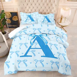 Blue Pink Bow Personalized Initial Comforter Set,Including 1 Quilt and 1 or 2 Pillowcases Without Pillows,Suitable as Fashionable Bedding Set for Family or Friends,Soft and Warm Bedroom Decoration