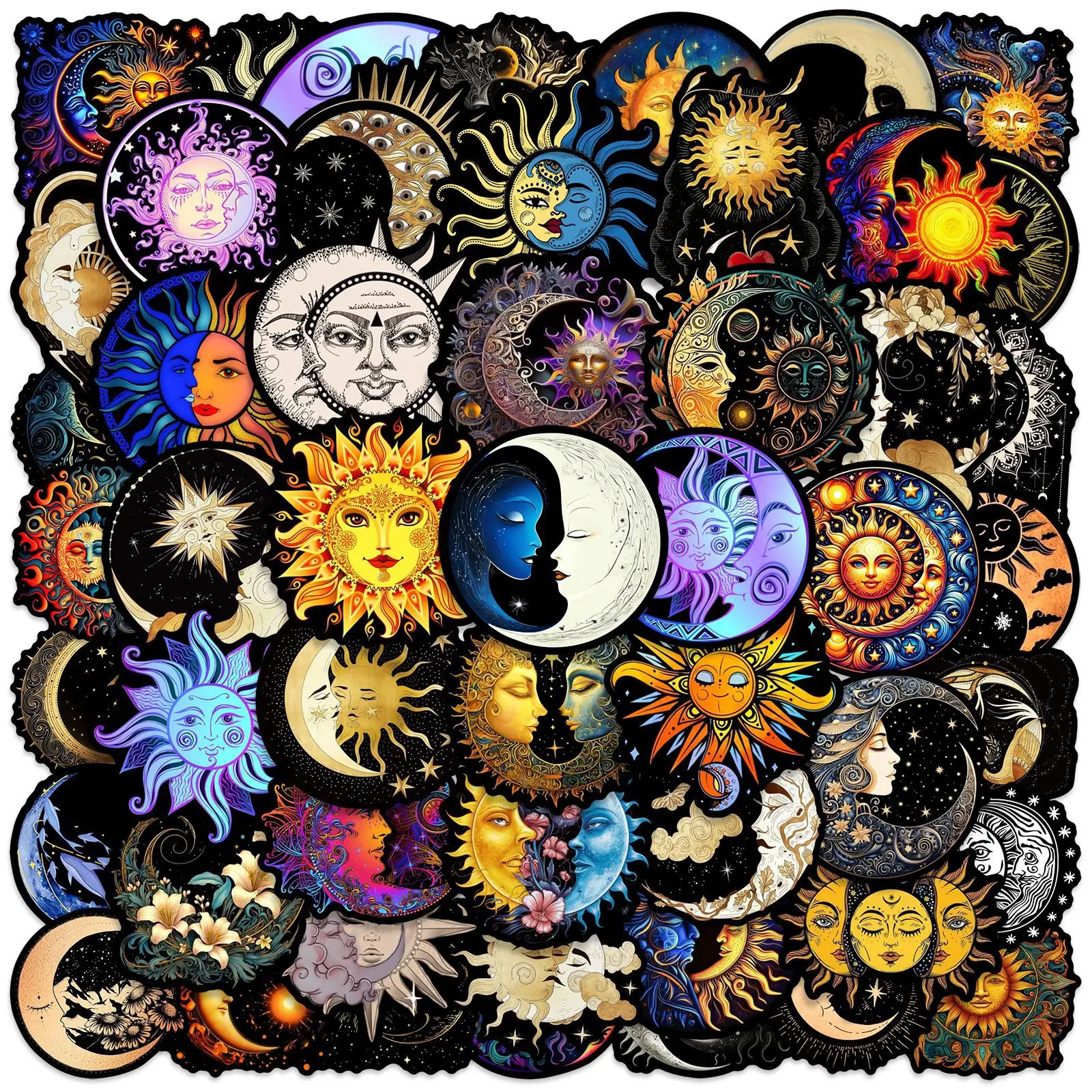 50pcs Background Moon & Sun Stickers, Sticker Decals, Graphic Decal, Artistic Design for Scrapbooking Journals Laptops Water Bottles Cars, Positive Message Gift Set, Car Decorative Sticker, Car Vehicle Decoration