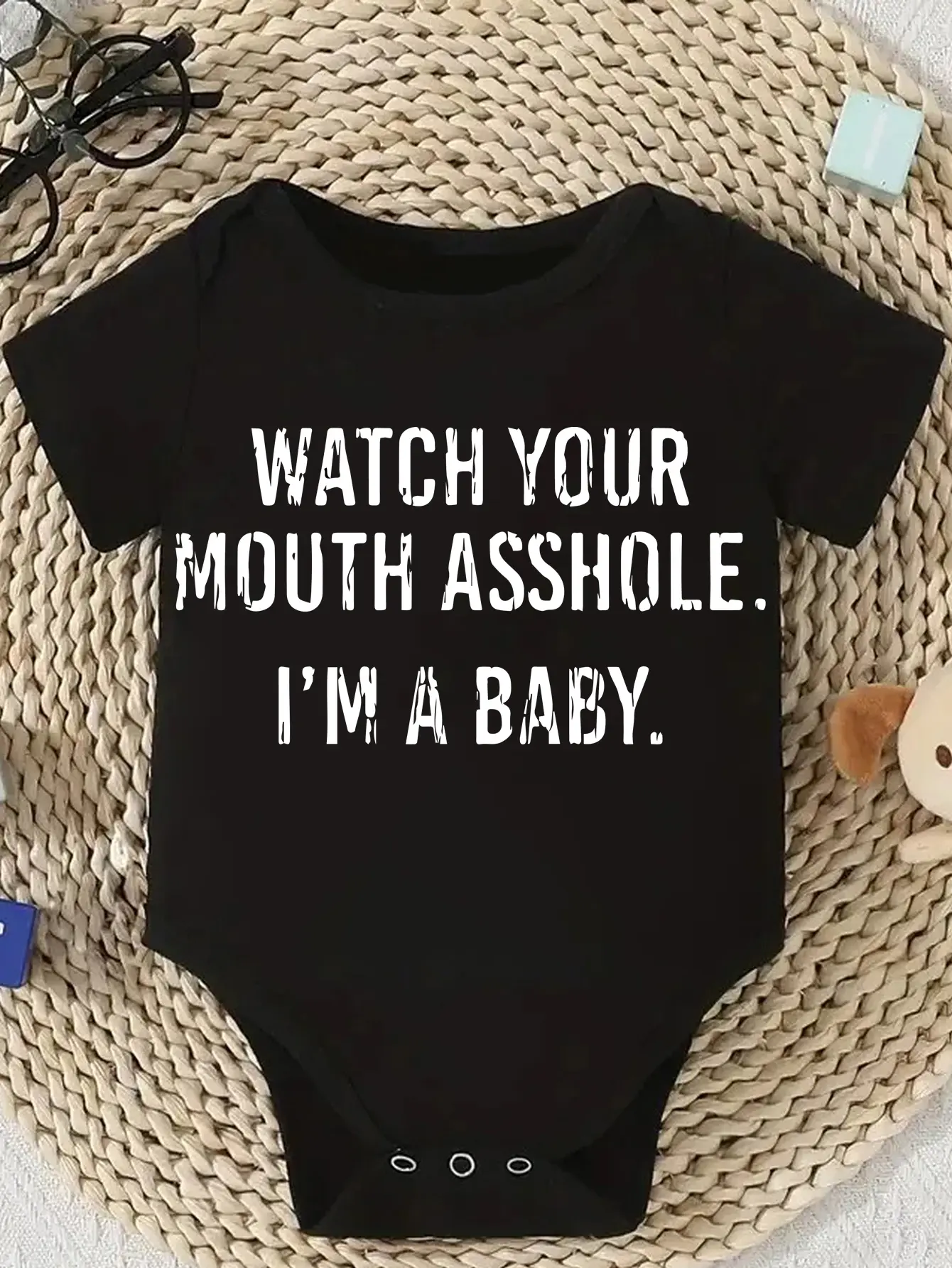 Newborn Knitted Bodysuit, Cute Round Neck Onesie with "Watch Your Mouth ... I'M A Baby" Print, Soft Versatile Regular Fit, Button Detail, All-Season Infant Clothing, Newborn Baby, Baby Items