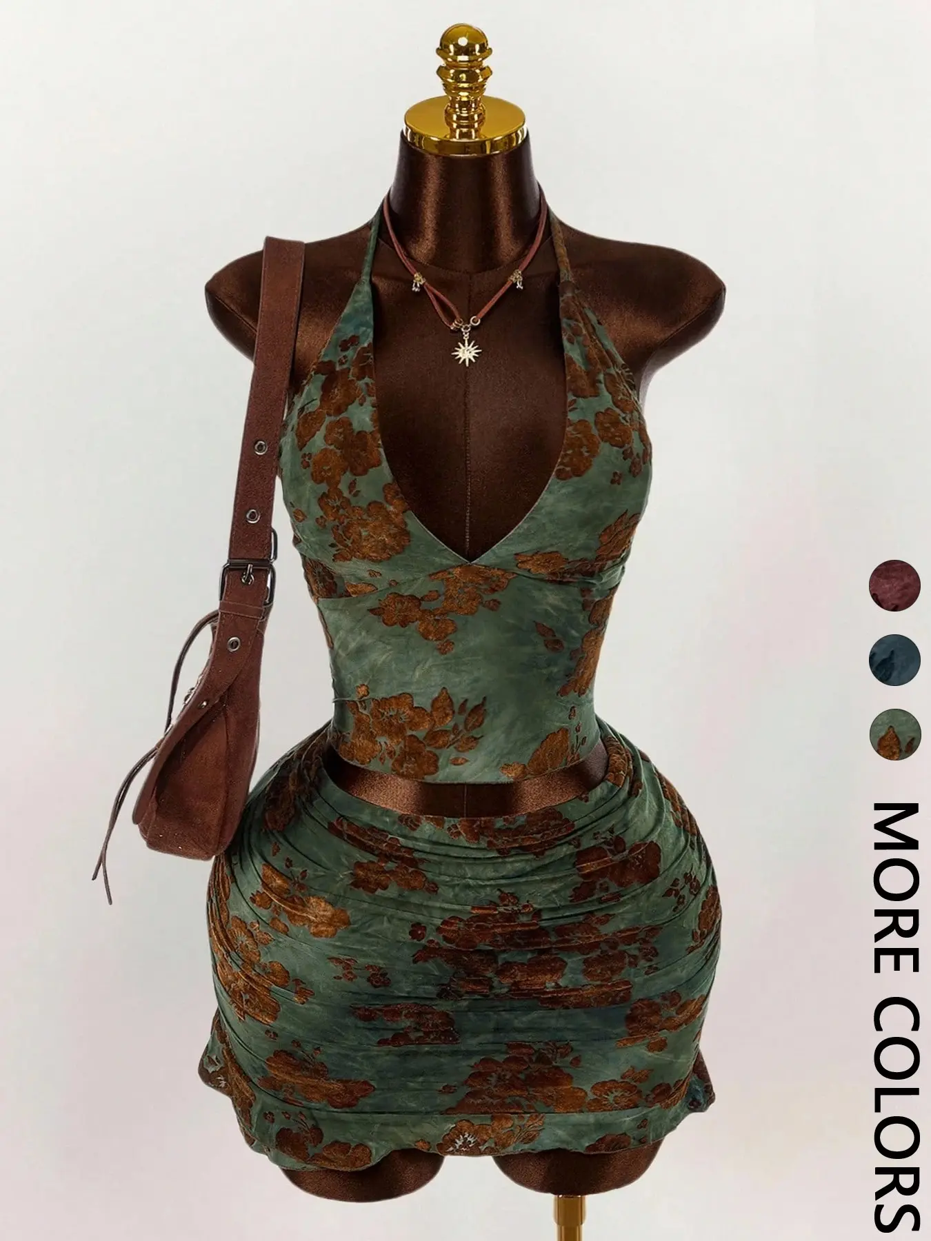 Women's Floral Print Deep V Neck Crop Top & Tight Mini Skirt Set, Sexy Chic Two-Piece for Back-To-School Season Fashion