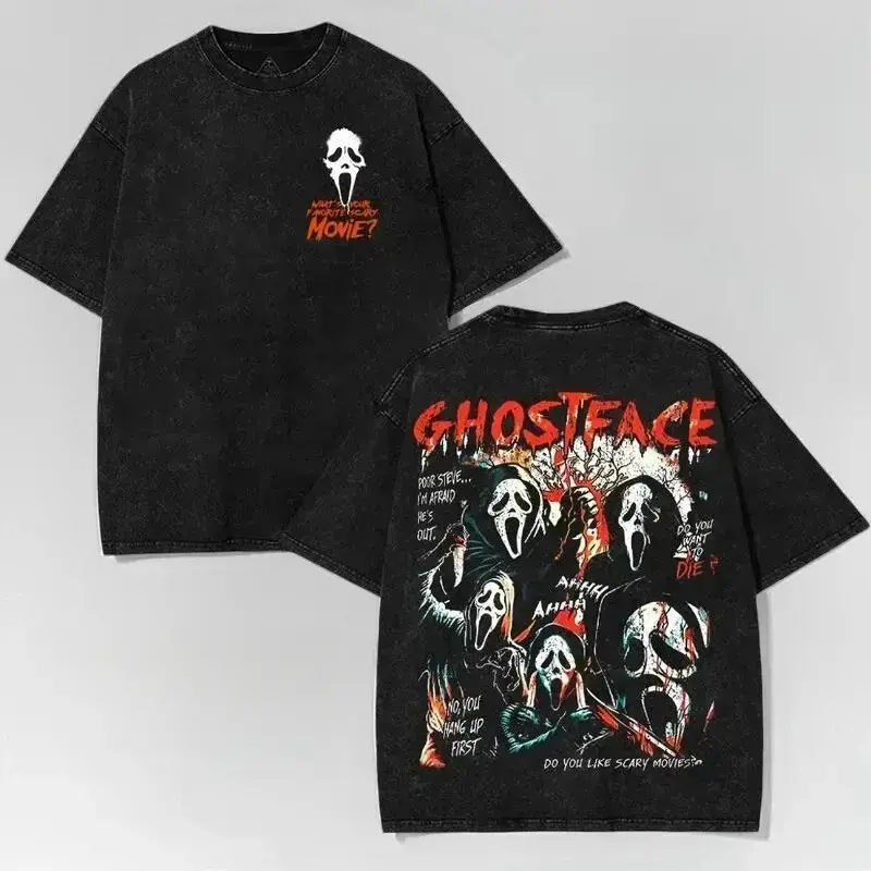 Ghostface Scream Classic Horror Movie Graphic T Shirt Acid Wash Oversized Vintage Retro Heavyweight Cotton Tee Y2K Pump Cover Gym Apparel Slasher Streetwear Goth Macabre Spooky Season Loose Fit Summer Top For Men And Women Alt Trendy Fits Clothes Menswear