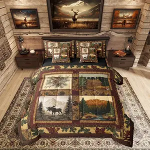 Hunting Theme 7 Piece Bedding Set,Deer Cabin Lodge Bed in a Bag,Retro Patchwork Bed Set,Includes Comforter,Sheet Set,Pillowcases & Pillow Covers