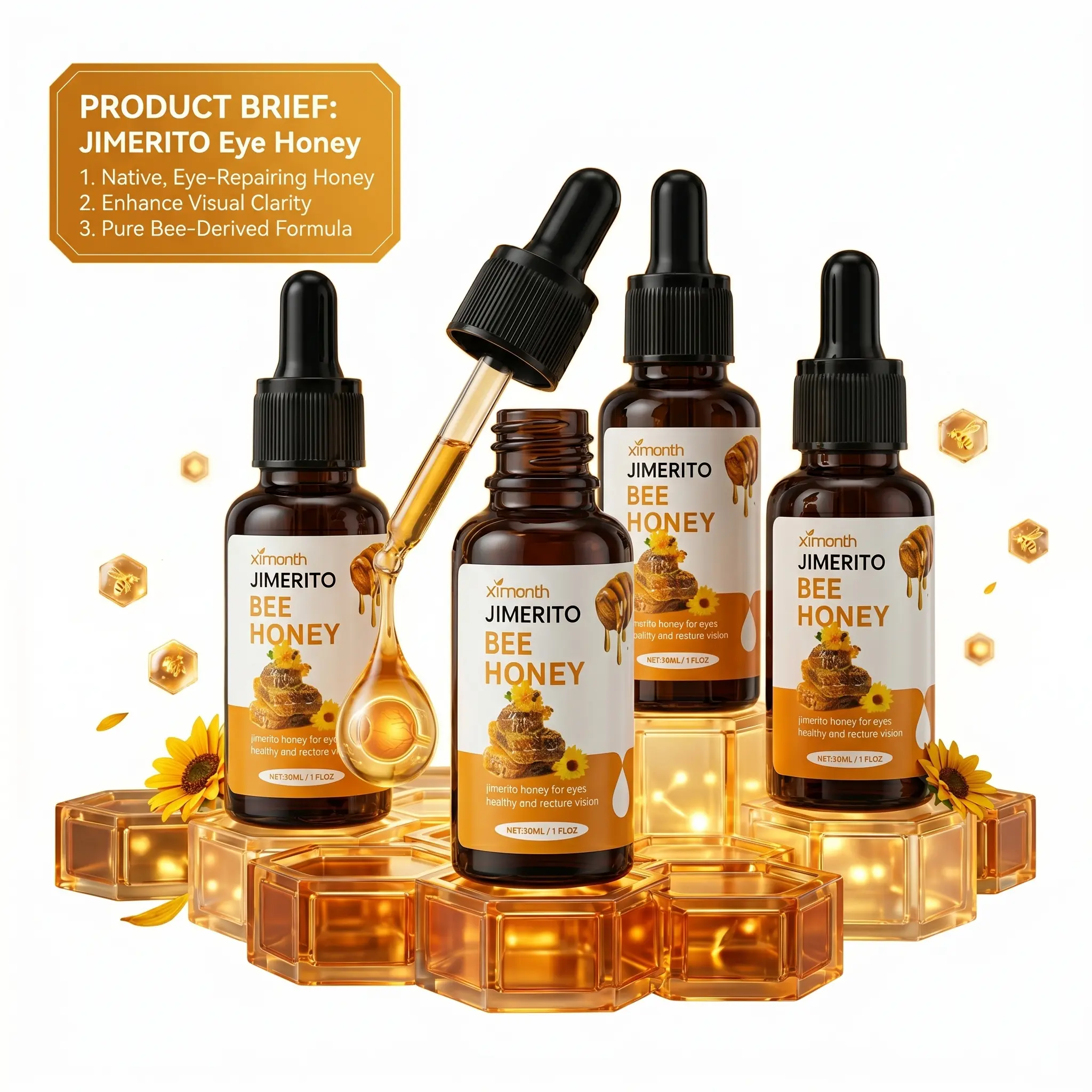 Jimerito Sweet Honey Eye Treatment Drops - Alcohol-Free Fortified Hydrating Natural Plant Formula, Lightweight Gentle Soothing Cleaning Essence for Dry Eyes, Adult Daily Comfort - 30g, Fortified Eye Treatments, Alcohol-Free Eye Treatments