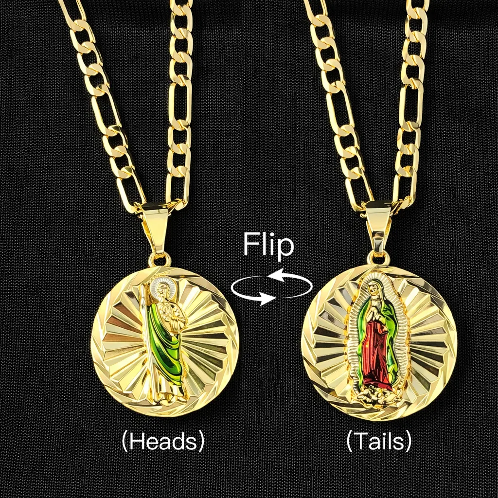 1Pcs San Judas & Virgin Mary Double Face Pendant 14k Gold-Plated 24"Inches Cuban Necklace Style Gold Plated One Chain One Pendant