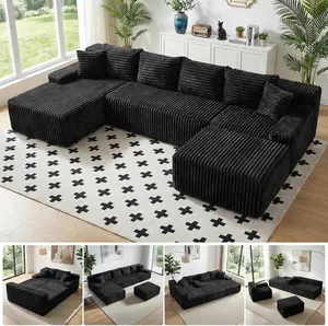 winzoo couch 126" Cloud Sectional Couch for Living Room, Oversized 6 Seat Convertible Modular Sectional Sofa Bed with High Back Ottoman, Plush Corduroy U Shaped Boneless Couch Compression Sofas, Grey