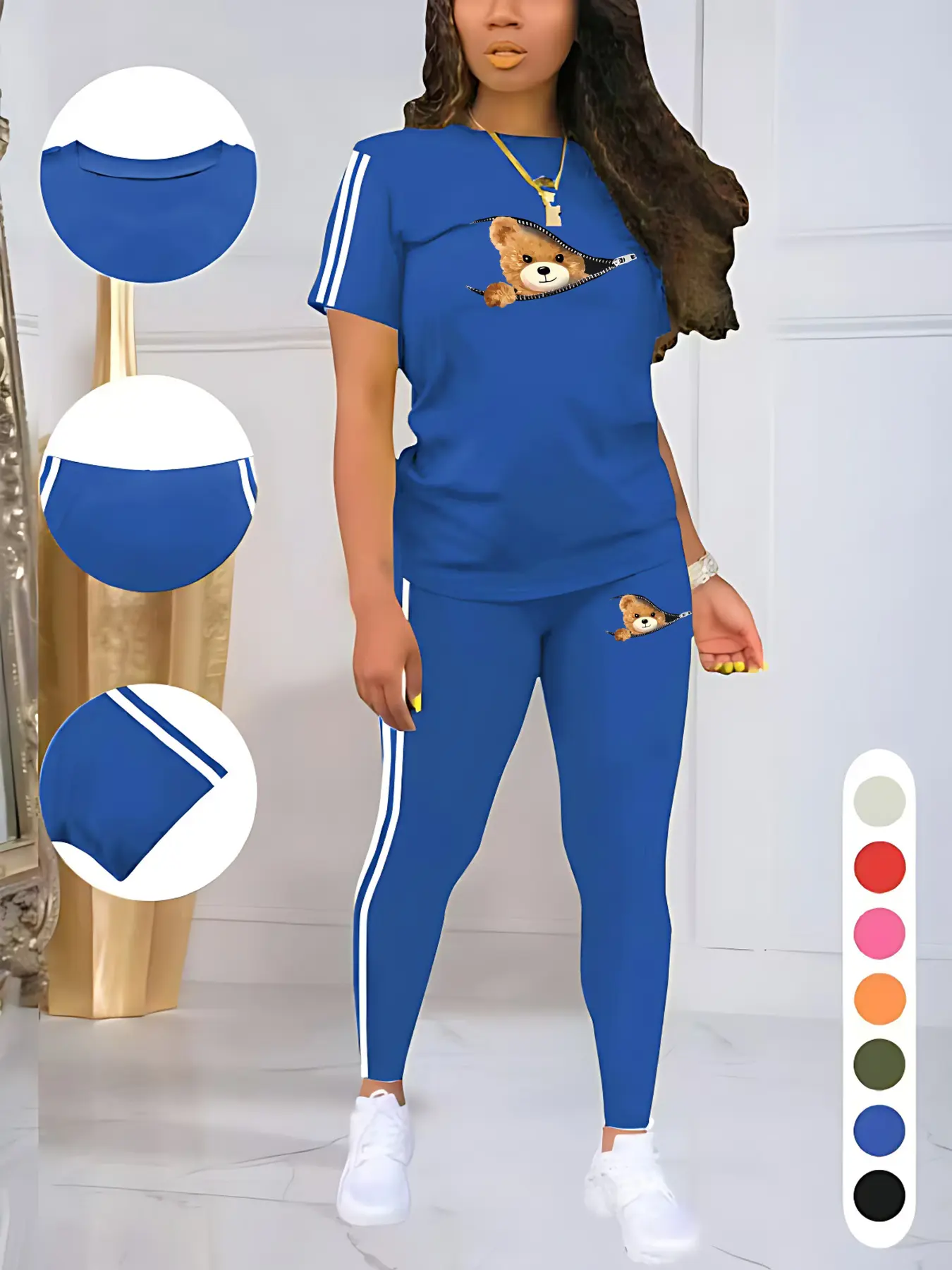 Women's Bear Print Casual Sporty Round Neck Drawstring Short Sleeve Top & Long Pants Set, Cartoon Pattern Pajamas, Pajama Set, Loungewear Pjs Set, Summer Fitted Moderate Fabric, Womenswear