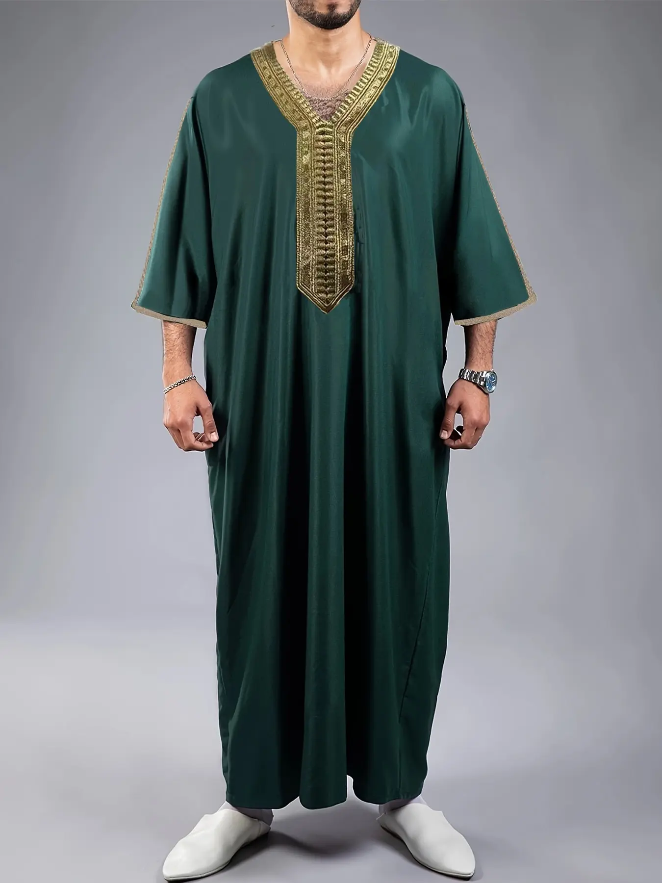 A long robe with golden trim, Modest Loose Fit Jubba Formal Traditional Arabic Muslim Robe