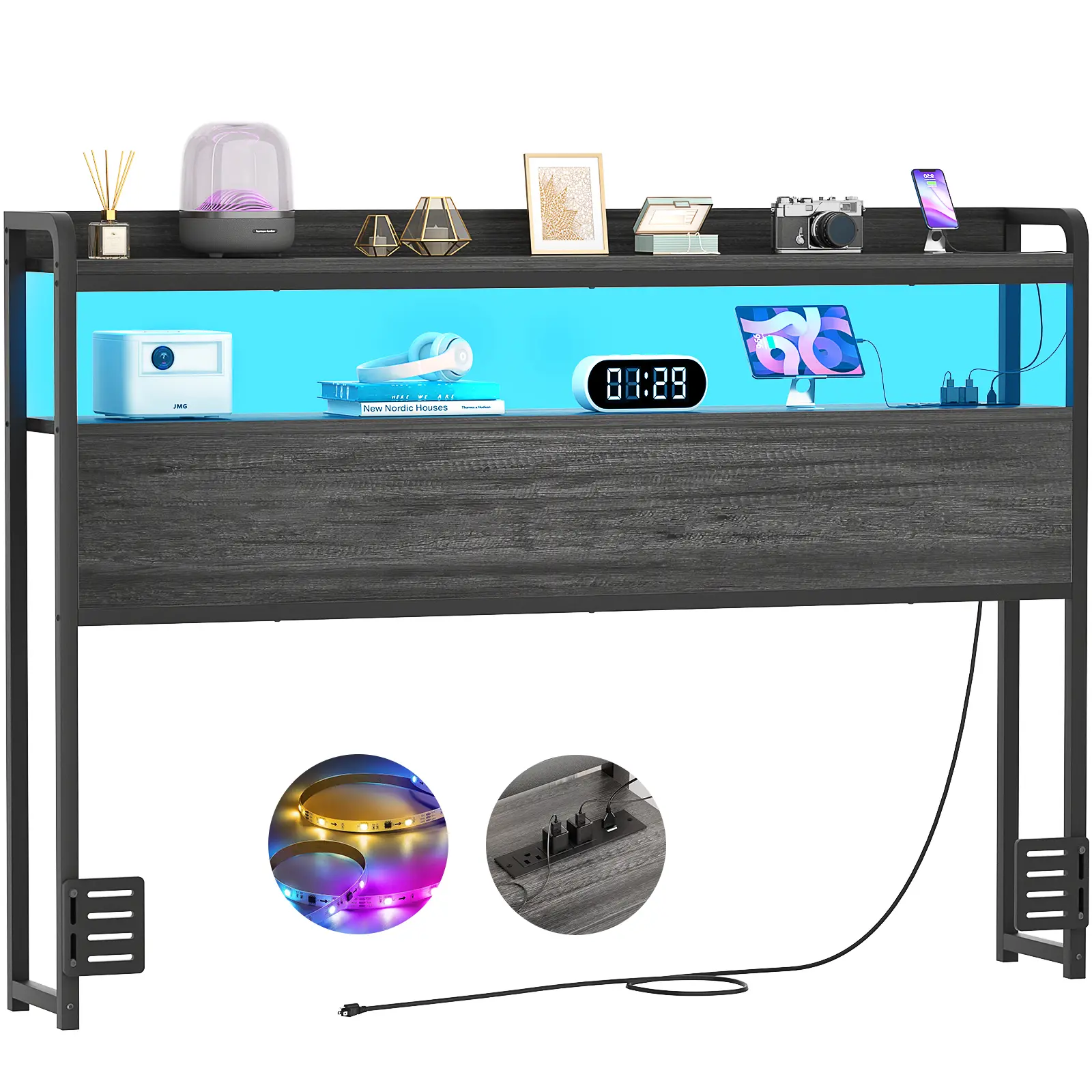 iSunirm Headboard for Full / Twin / Size Bed Frame, Bookcase Headboard with Outlets, USB Ports and LED Light, Head Board with Storage, Height Adjustable, Sturdy and Stable Headboard