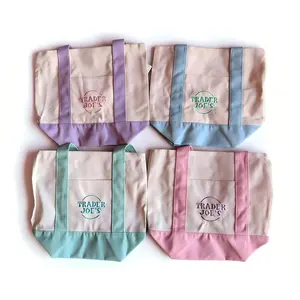 Trader Joe's Pastel Mini Canvas Tote Bags 2026 LIMITED EDITION NWT LOT OF 4 Embroidered Cotton--Single-sided without a zipper