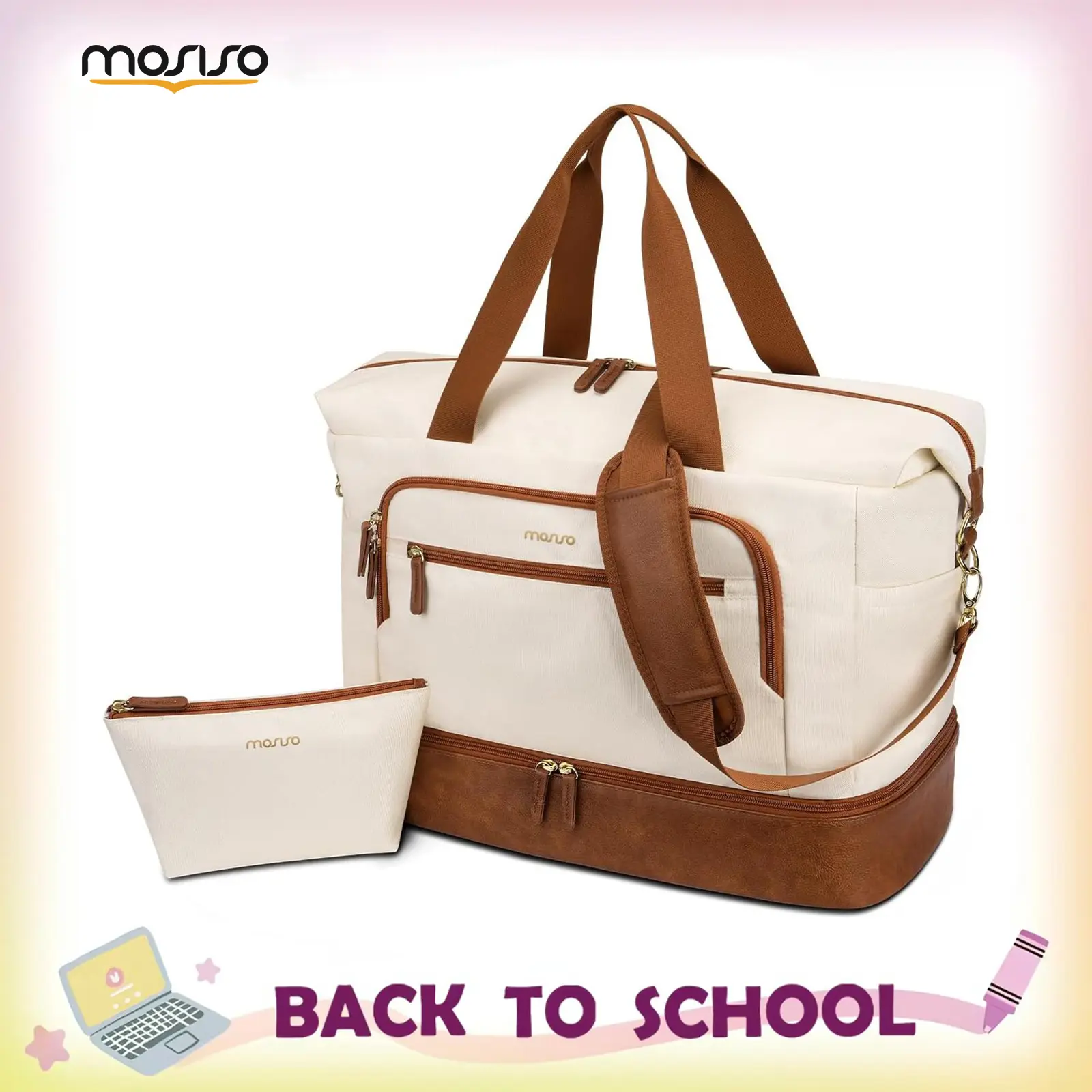 MOSISO Sporty Gym Bag for Women with Shoe Compartment, Wet Pocket & Toiletry Pouch, Carry-On Overnight Travel Duffel Weekender Bag for Fitness Yoga, Beige, Sporty Gym Bags