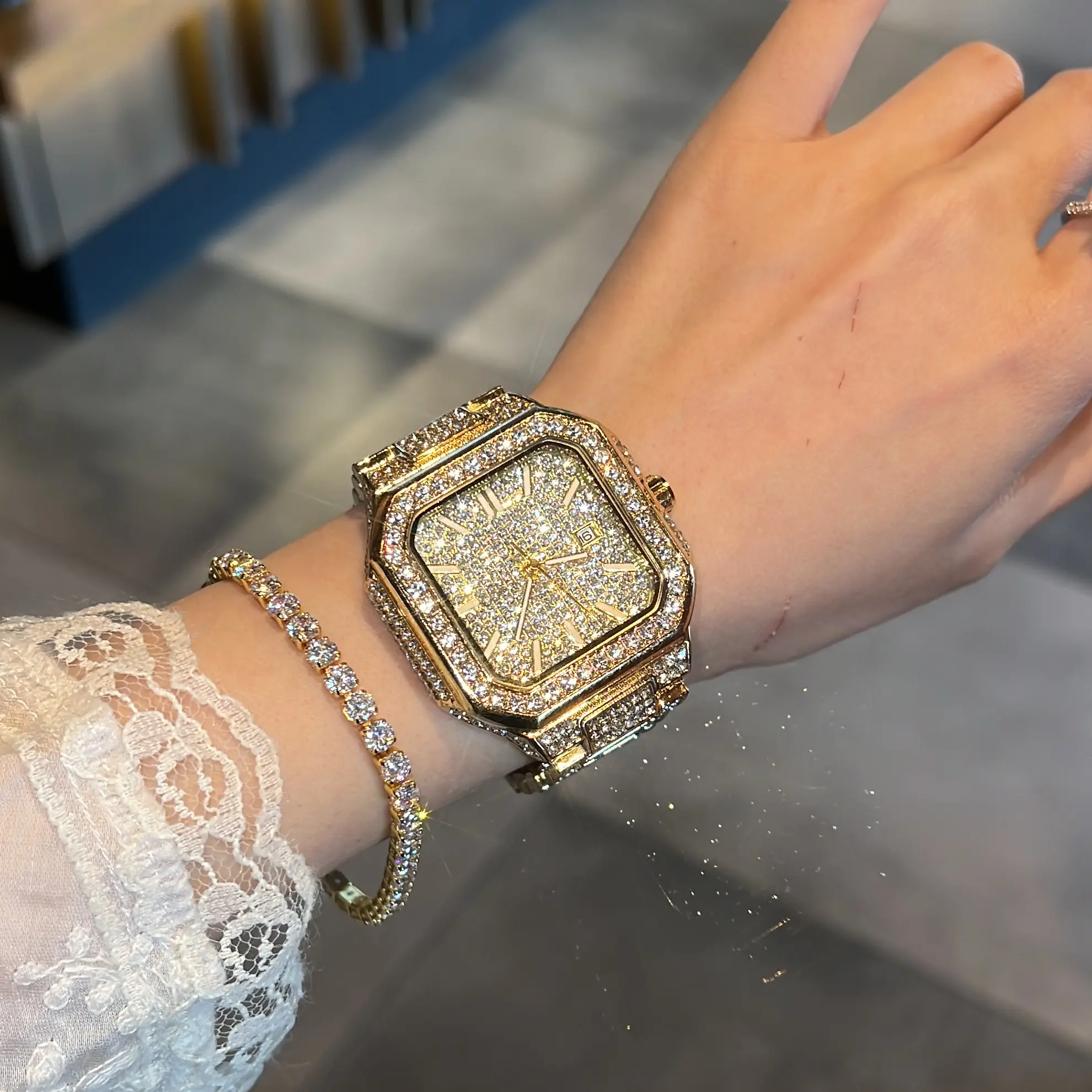 Iced Out Square Watch For Men Women, Full Diamond Dial & Band Date Luxury Hip Hop Quartz Wristwatch Iced Out Square Watch For Men Women, Full Diamond Dial & Band Date Luxury Hip Hop Quartz Wristwatch