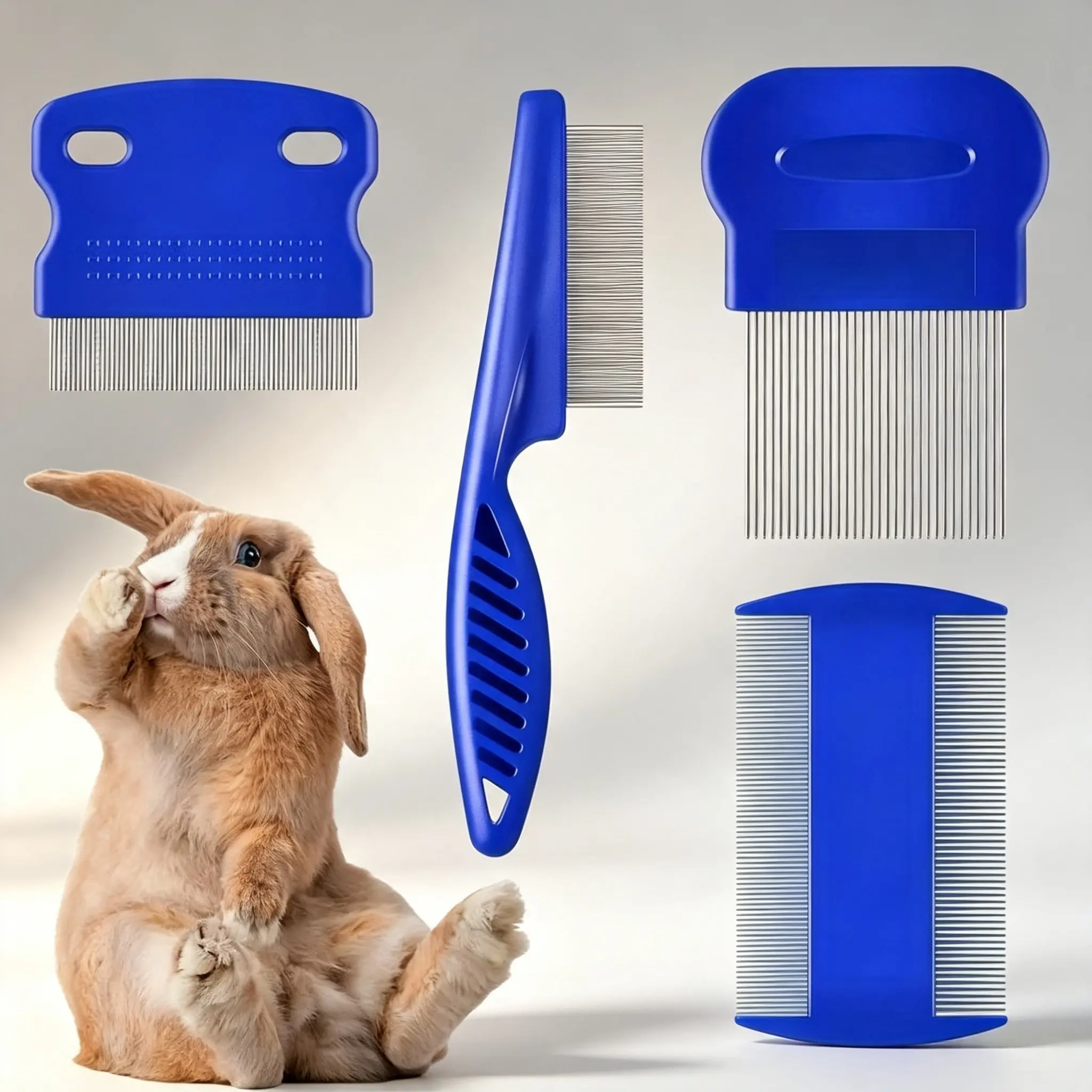 Stainless Steel 4-Piece Flea and Tick Comb Set for Dogs and Cats - Professional Pet Grooming Tools with Round Teeth, Double-Sided Tear-Off Teeth, Tick Removal Tool